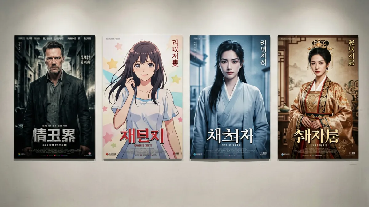并排展示欧美日韩与国产影视海报的对比场景，画面涵盖不同地区风格的代表性视觉元素
