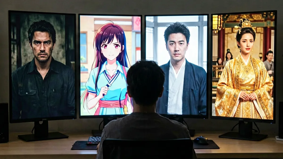 观众在多块屏幕前对比欧美日韩与国产剧集画面，呈现不同地区调色风格的直观差异