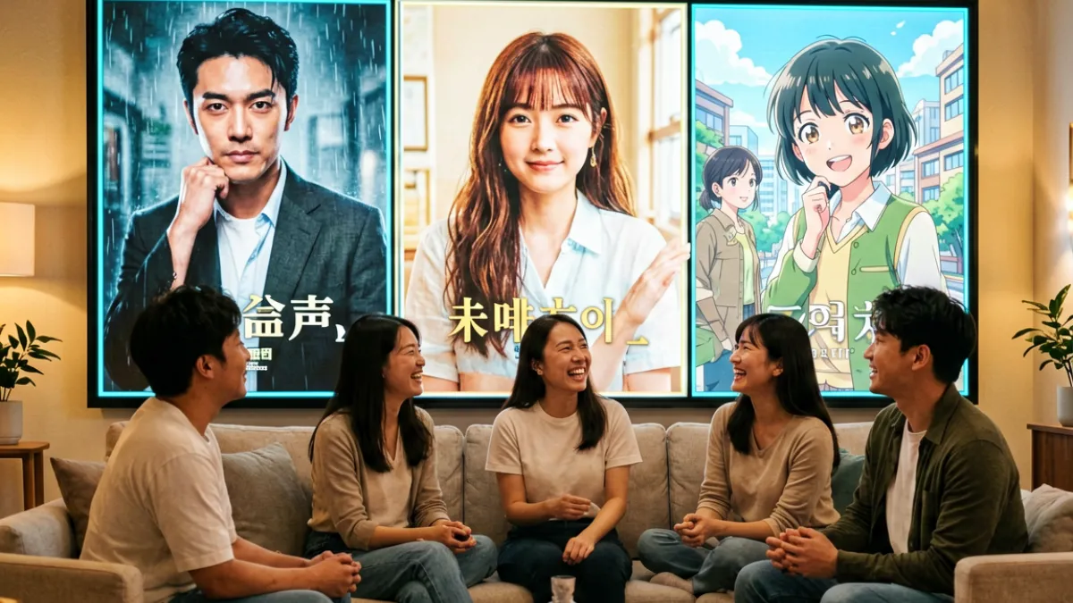 欧美日韩影视剧热播榜单，多部剧集海报并排展示在大屏幕上，观众围坐讨论的场景