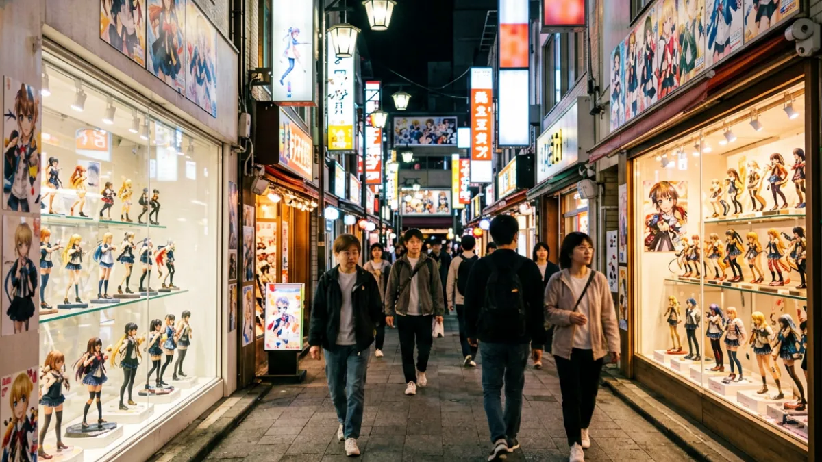 欧美日韩 - 日本东京秋叶原动漫文化街区，商店橱窗展示多款动漫角色手办与海报，展现日本ACG文化的商业生态