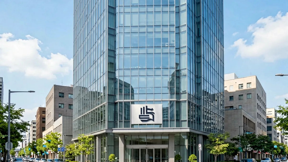 韩国首尔某大型娱乐公司办公楼外景，玻璃幕墙建筑现代感强，体现韩流娱乐工业的规模化与系统化运营