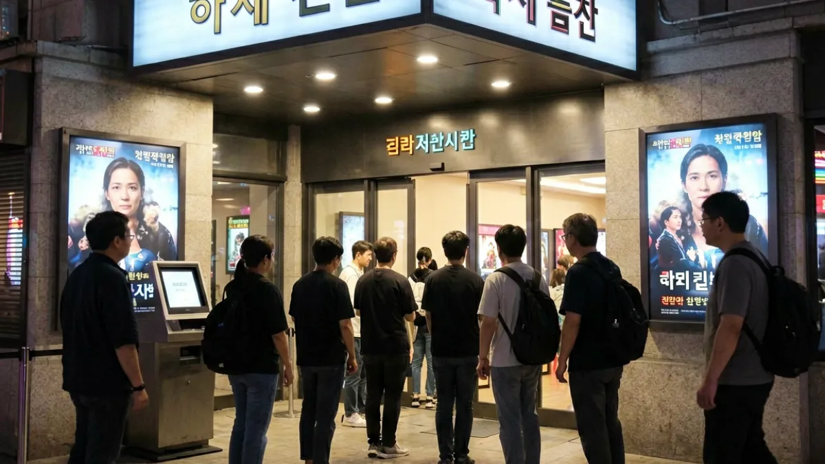 韩国电影在北美影院上映现场，观众排队入场，展示欧美日韩内容全球化传播的真实场景